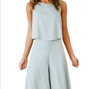Women's 2 Piece Outfits Round Neck Crop Basic Top Cropped Wide Leg Pants Set